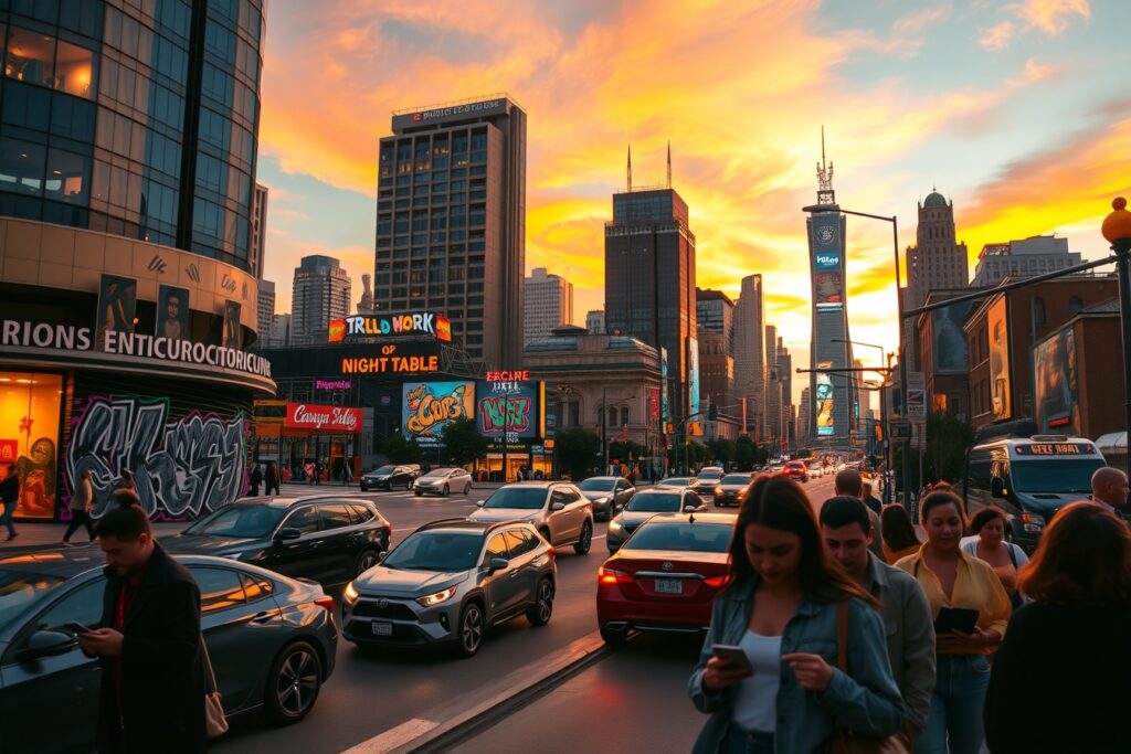 Vibrant City Streets at Sunset – free AI stock image