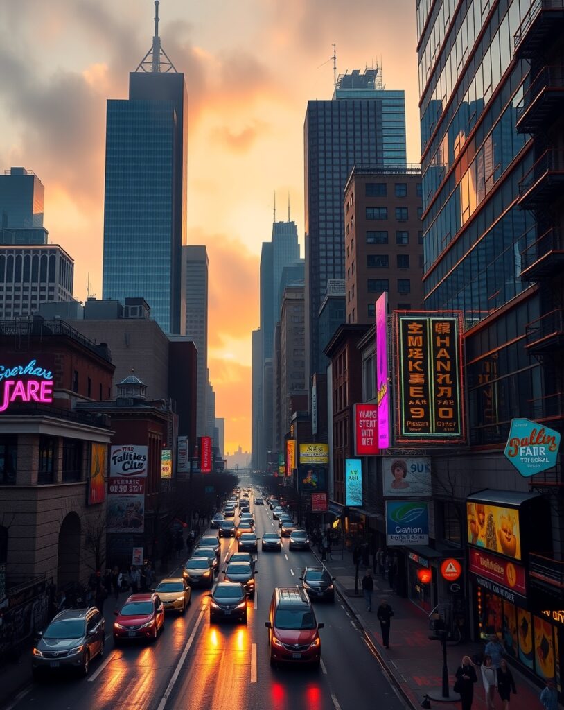 Vibrant Cityscape at Dawn – free AI stock image