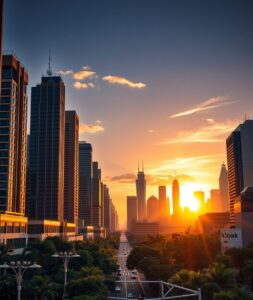 Vibrant Cityscape at Dawn with Skyscrapers – free AI stock image