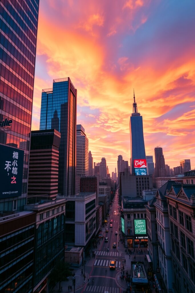 Vibrant Cityscape at Dusk – free AI stock image