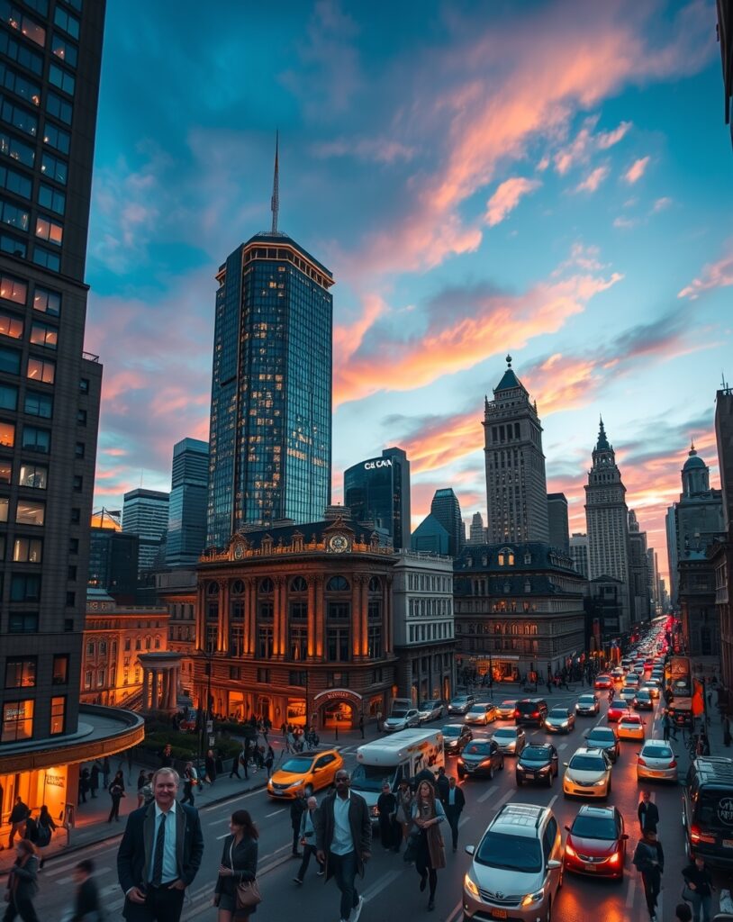 Vibrant Cityscape at Dusk – free AI stock image