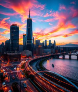 Vibrant Cityscape at Dusk – free AI stock image