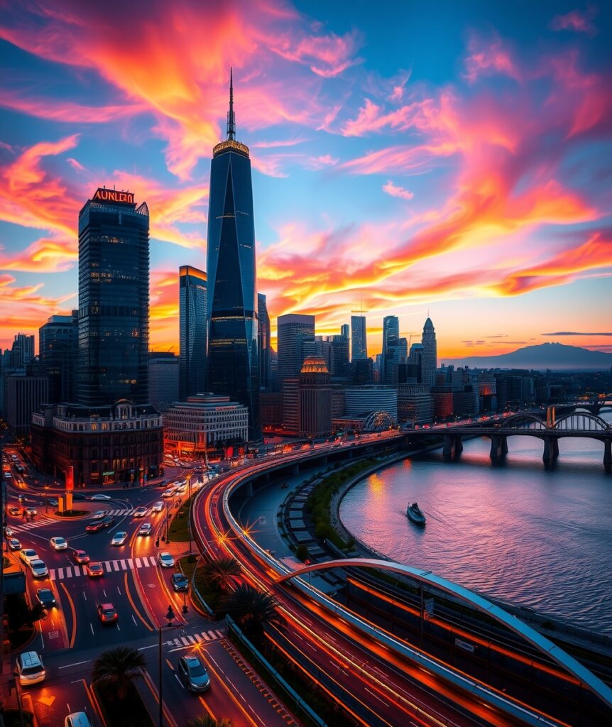 Vibrant Cityscape at Dusk – free AI stock image