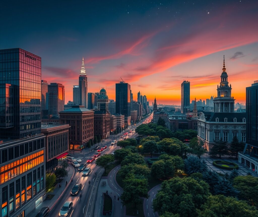 Vibrant Cityscape at Dusk – free AI stock image