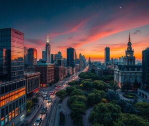 Vibrant Cityscape at Dusk – free AI stock image