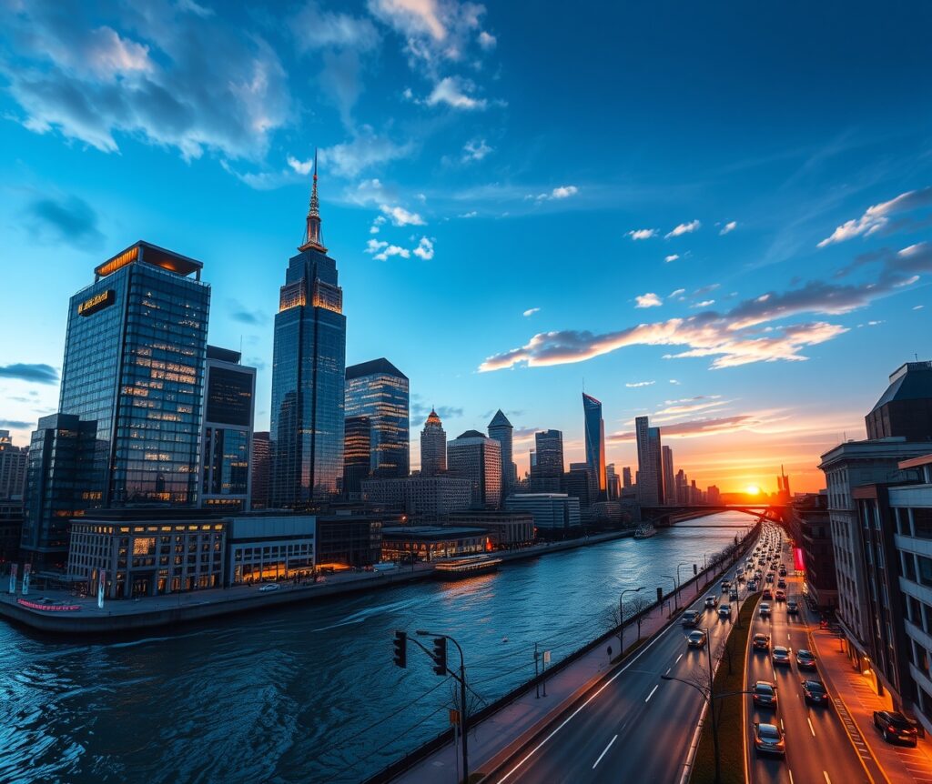 Vibrant Cityscape at Dusk – free AI stock image
