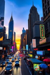 Vibrant Cityscape at Dusk – free AI stock image