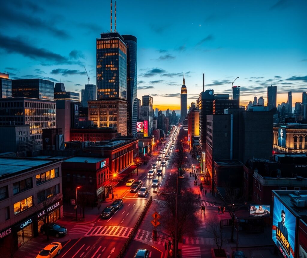 Vibrant Cityscape at Dusk Glowing with Life – free AI stock image