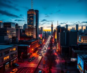 Vibrant Cityscape at Dusk Glowing with Life – free AI stock image