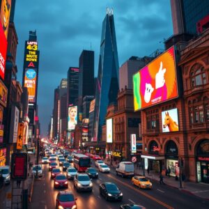 Vibrant Cityscape at Dusk with Neon Lights – free AI stock image