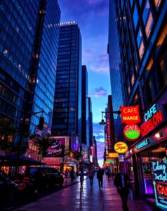 Vibrant Cityscape at Dusk with Neon Lights – free AI stock image
