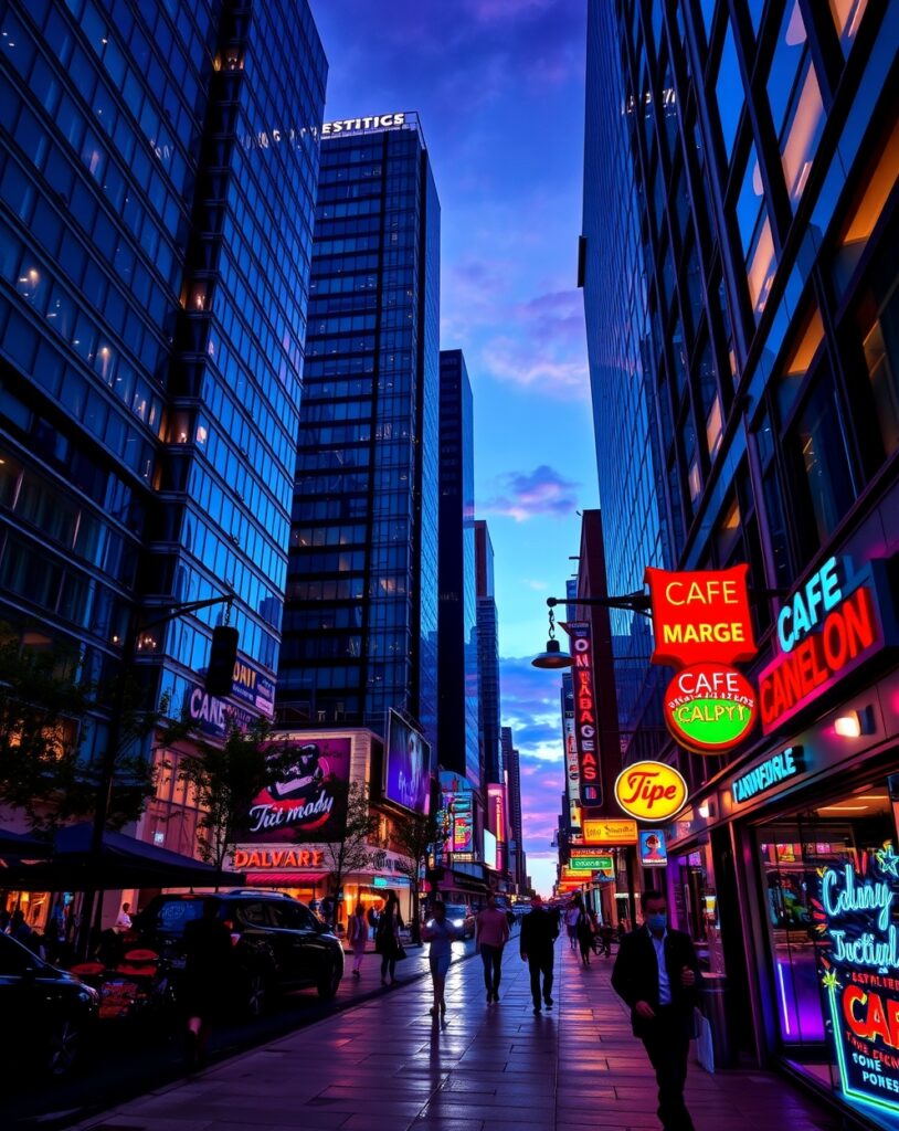 Vibrant Cityscape at Dusk with Neon Lights – free AI stock image