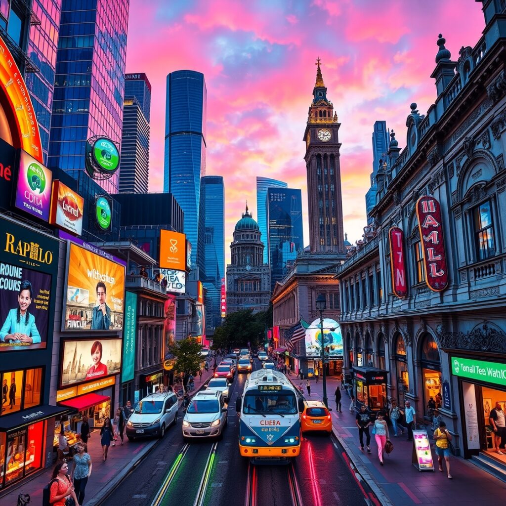 Vibrant Cityscape at Dusk with Neon Lights – free AI stock image