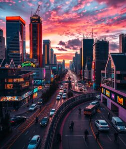 Vibrant Cityscape at Dusk with Neon Lights – free AI stock image