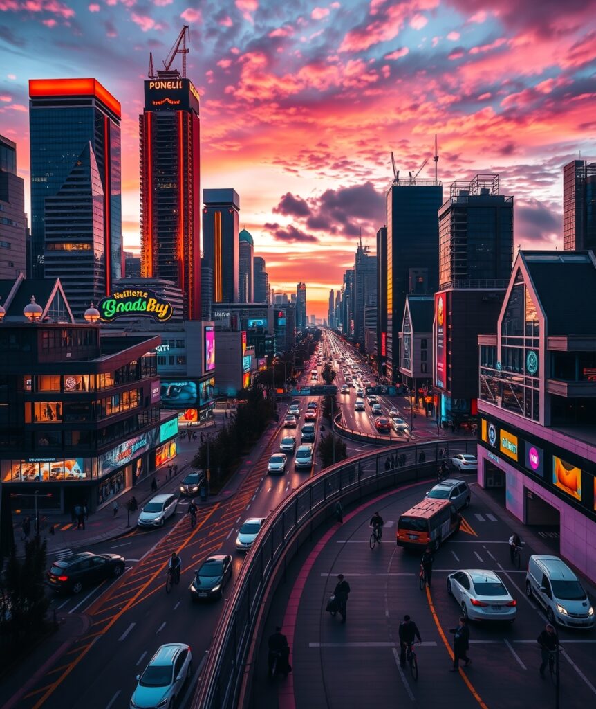 Vibrant Cityscape at Dusk with Neon Lights – free AI stock image