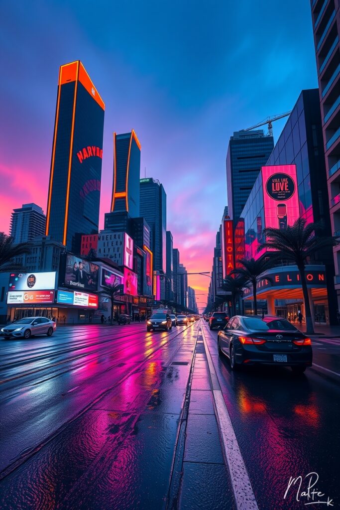 Vibrant Cityscape at Dusk with Neon Lights – free AI stock image