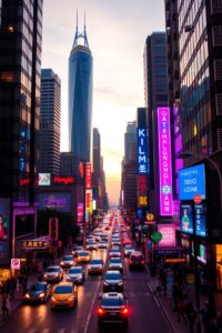 Vibrant Cityscape at Dusk with Neon Lights – free AI stock image