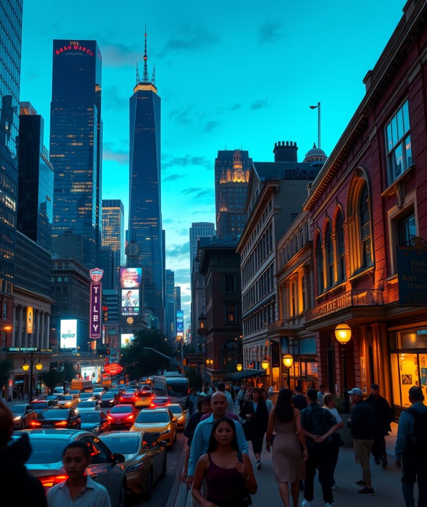 Vibrant Cityscape at Dusk with Neon Lights – free AI stock image