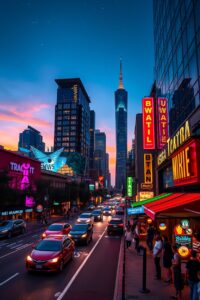 Vibrant Cityscape at Dusk with Neon Lights – free AI stock image