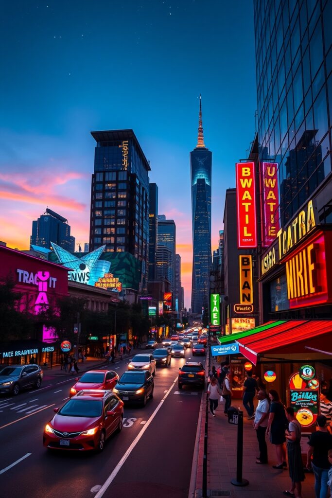 Vibrant Cityscape at Dusk with Neon Lights – free AI stock image
