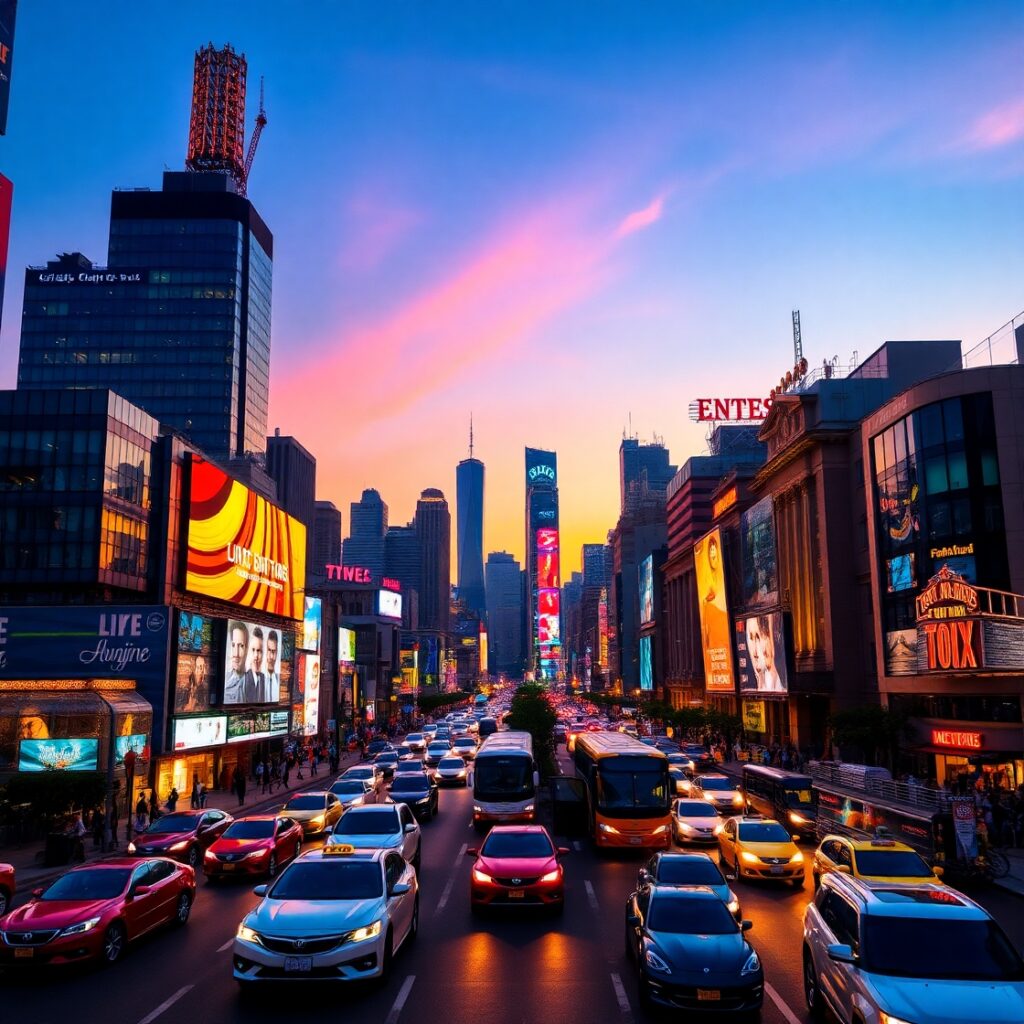 Vibrant Cityscape at Dusk with Neon Lights – free AI stock image