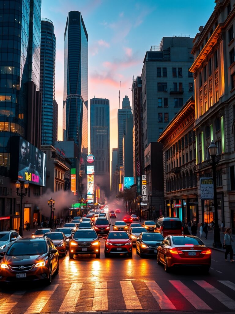 Vibrant Cityscape at Dusk with Neon Lights – free AI stock image