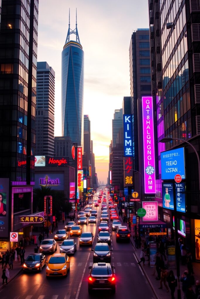 Vibrant Cityscape at Dusk with Neon Lights – free AI stock image