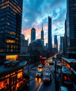 Vibrant Cityscape at Dusk with Neon Lights – free AI stock image
