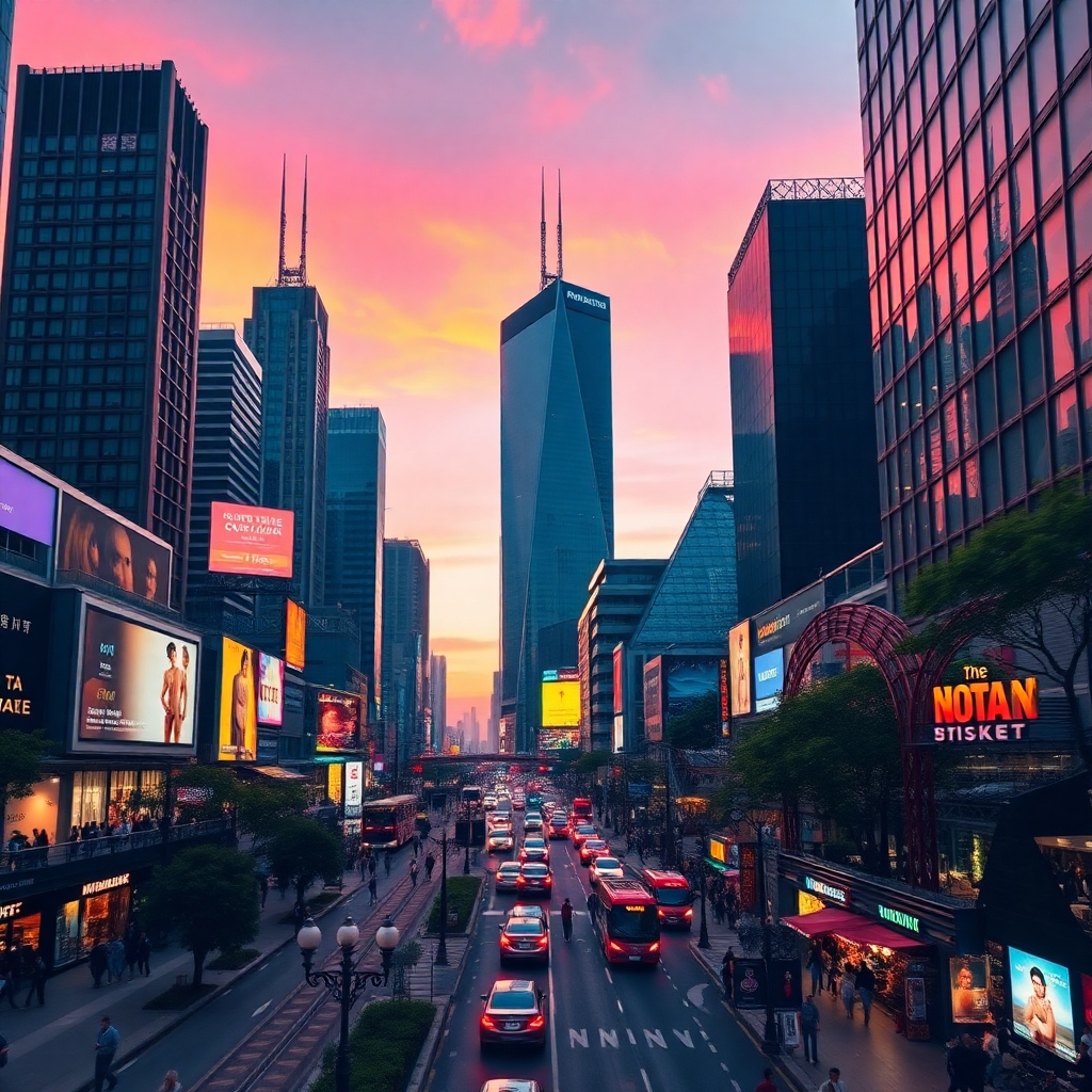 Vibrant Cityscape at Dusk with Neon Lights – free AI stock image