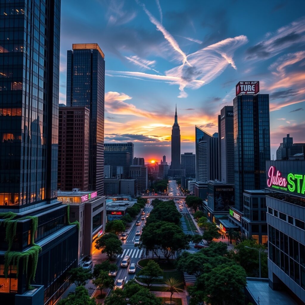 Vibrant Cityscape at Dusk with Neon Signs – free AI stock image