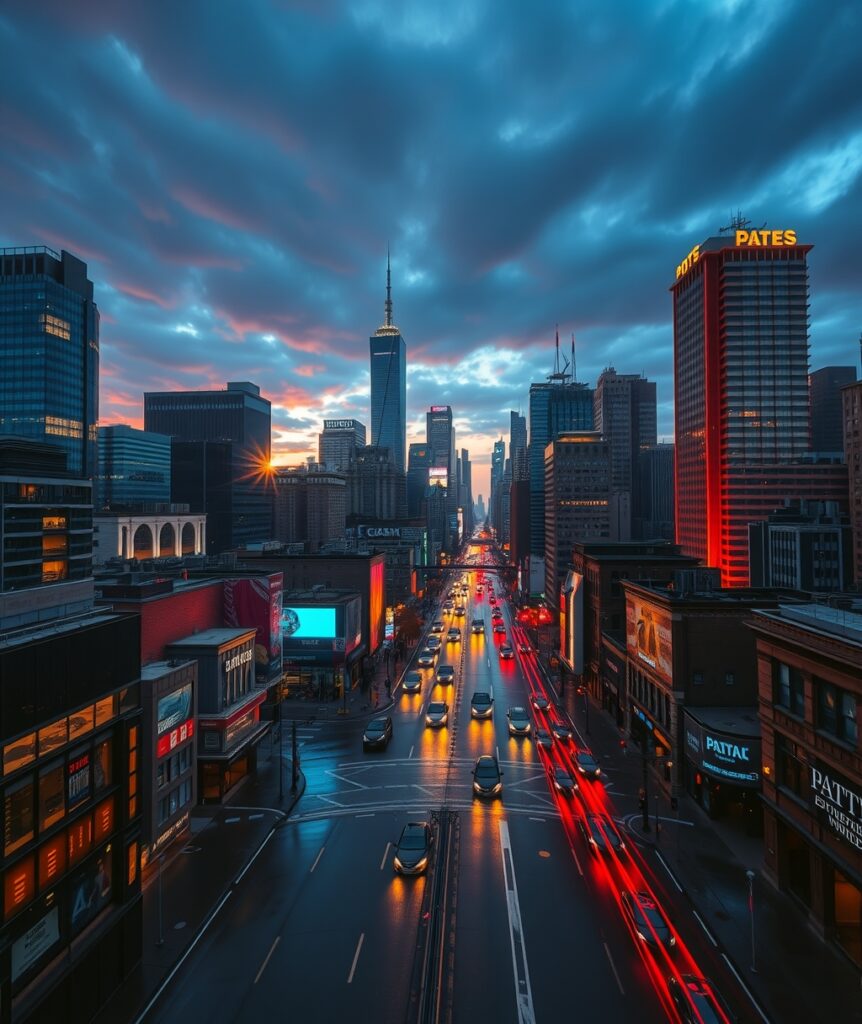 Vibrant Cityscape at Dusk with Skyscrapers – free AI stock image