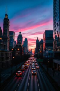 Vibrant Cityscape at Dusk with Traffic – free AI stock image