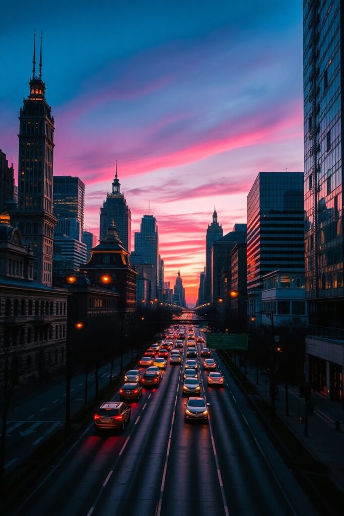 Vibrant Cityscape at Dusk with Traffic – free AI stock image