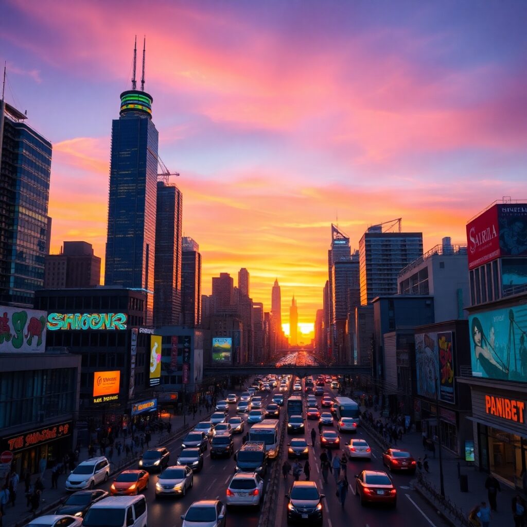 Vibrant Cityscape at Sunset – free AI stock image