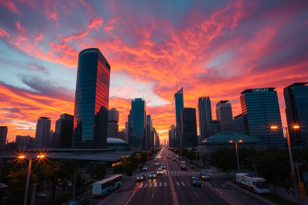 Vibrant Cityscape at Sunset – free AI stock image