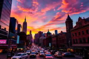 Vibrant Cityscape at Twilight – free AI stock image
