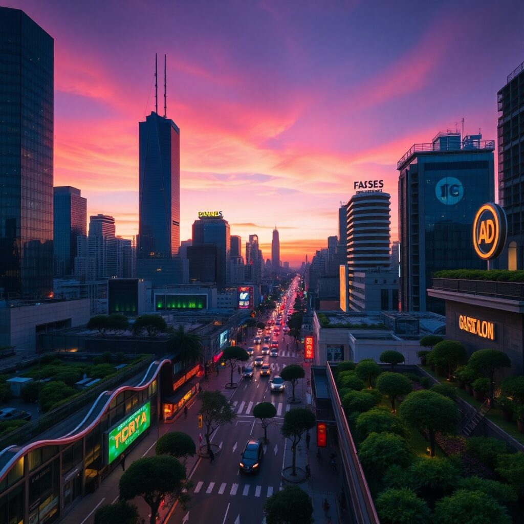 A Vibrant Cityscape at Twilight – free AI stock image