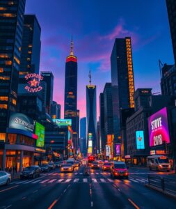 Vibrant Cityscape at Twilight – free AI stock image