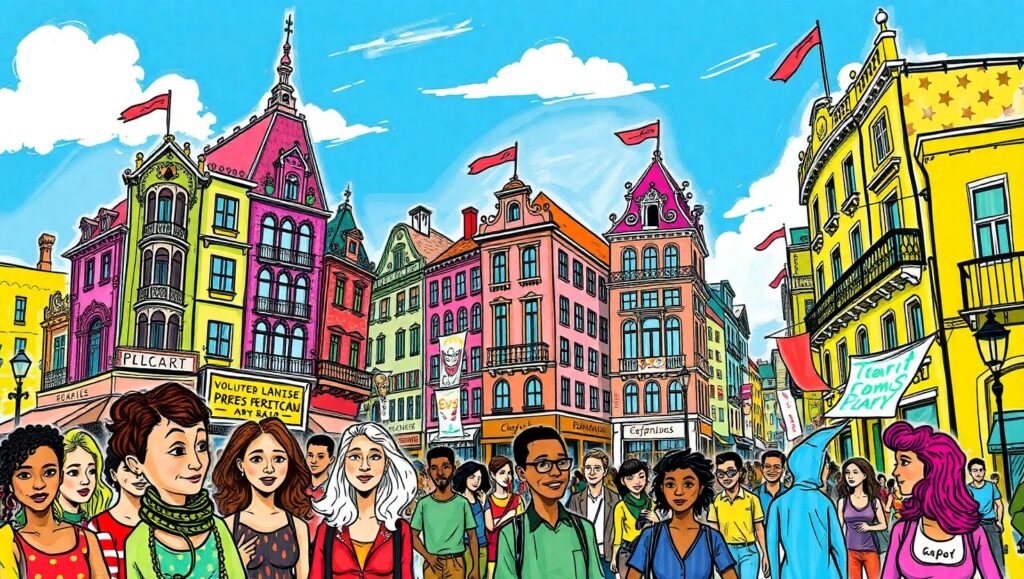 Vibrant Cityscape in Color Sketch – free AI stock image
