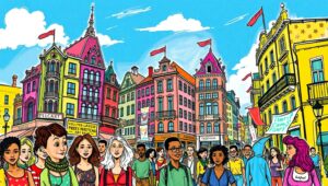 Vibrant Cityscape in Color Sketch – free AI stock image