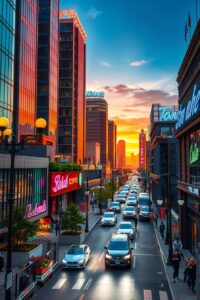 Vibrant Cityscape Under Evening Lights – free AI stock image