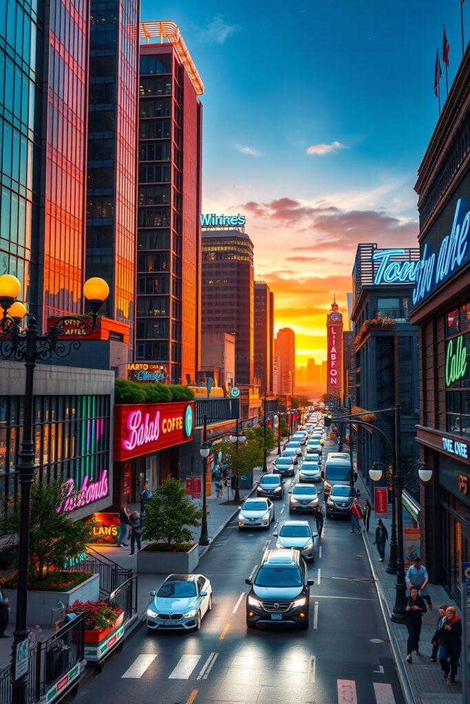 Vibrant Cityscape Under Evening Lights – free AI stock image