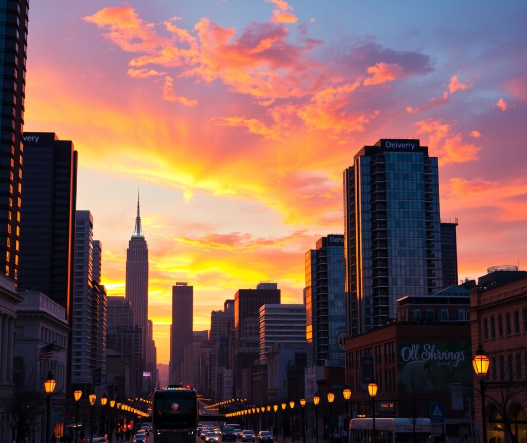 Vibrant Cityscape Under Golden Sunset – free AI stock image