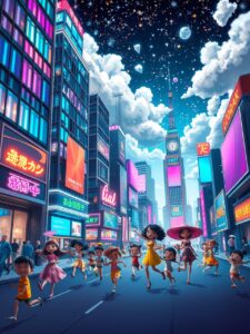 Vibrant Cityscape with Animated Characters – free AI stock image
