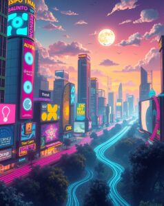 Vibrant Cityscape with Dancing Lights – free AI stock image