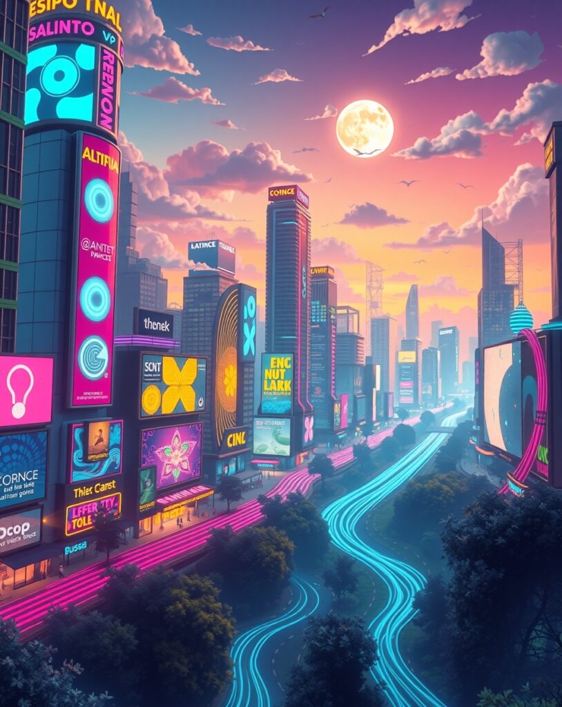 Vibrant Cityscape with Dancing Lights – free AI stock image