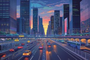 Vibrant Cityscape with Modern Transportation – free AI stock image
