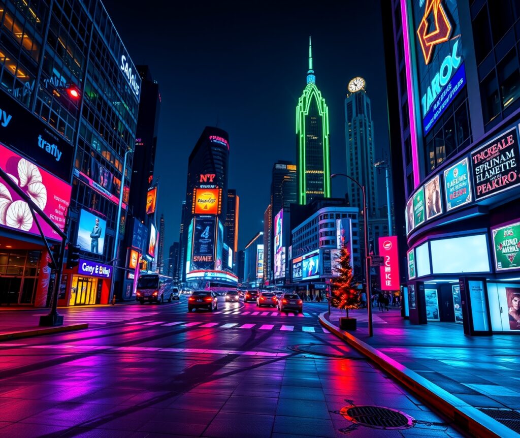 Vibrant Cityscape with Neon Lights – free AI stock image