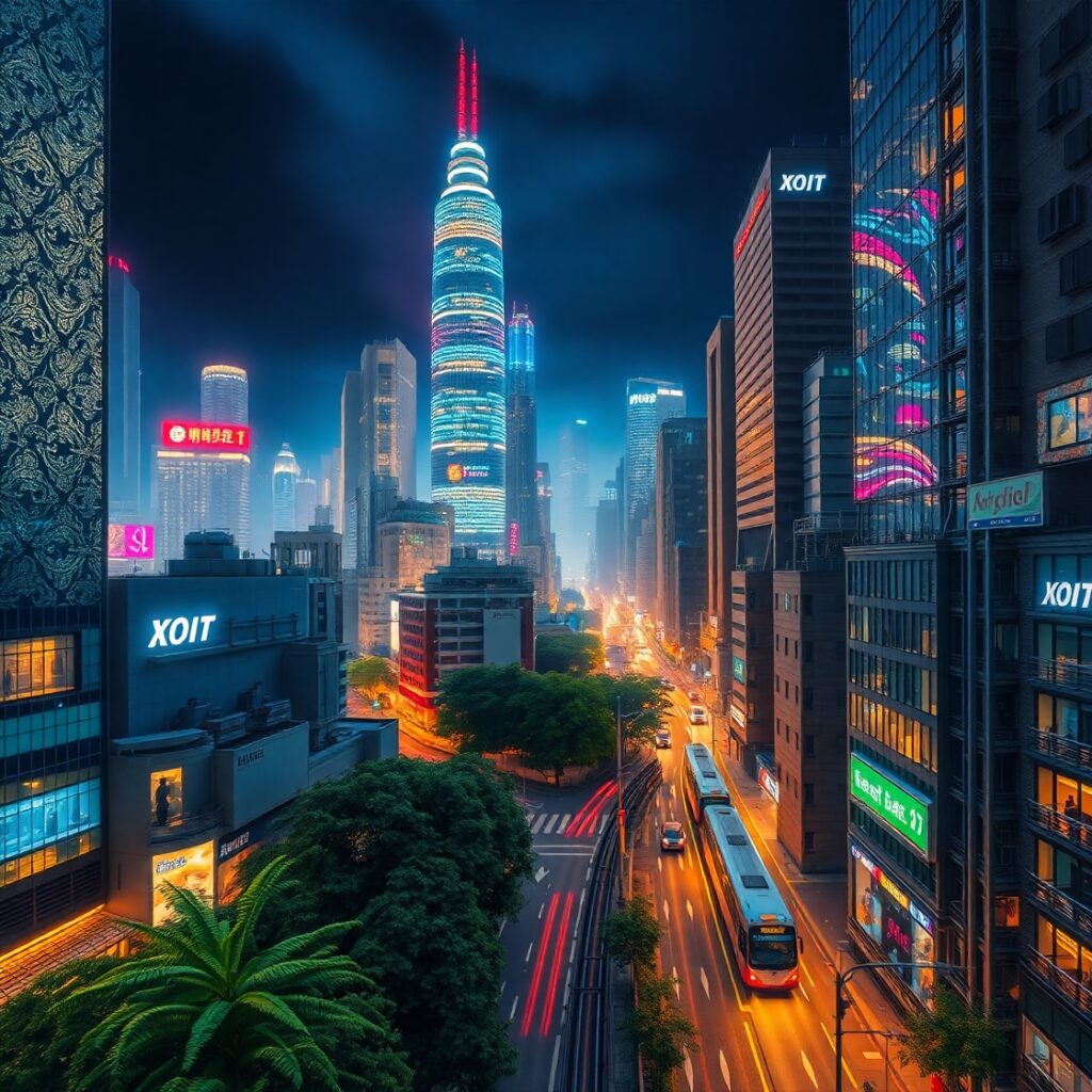 Vibrant Cityscape with Neon Lights – free AI stock image