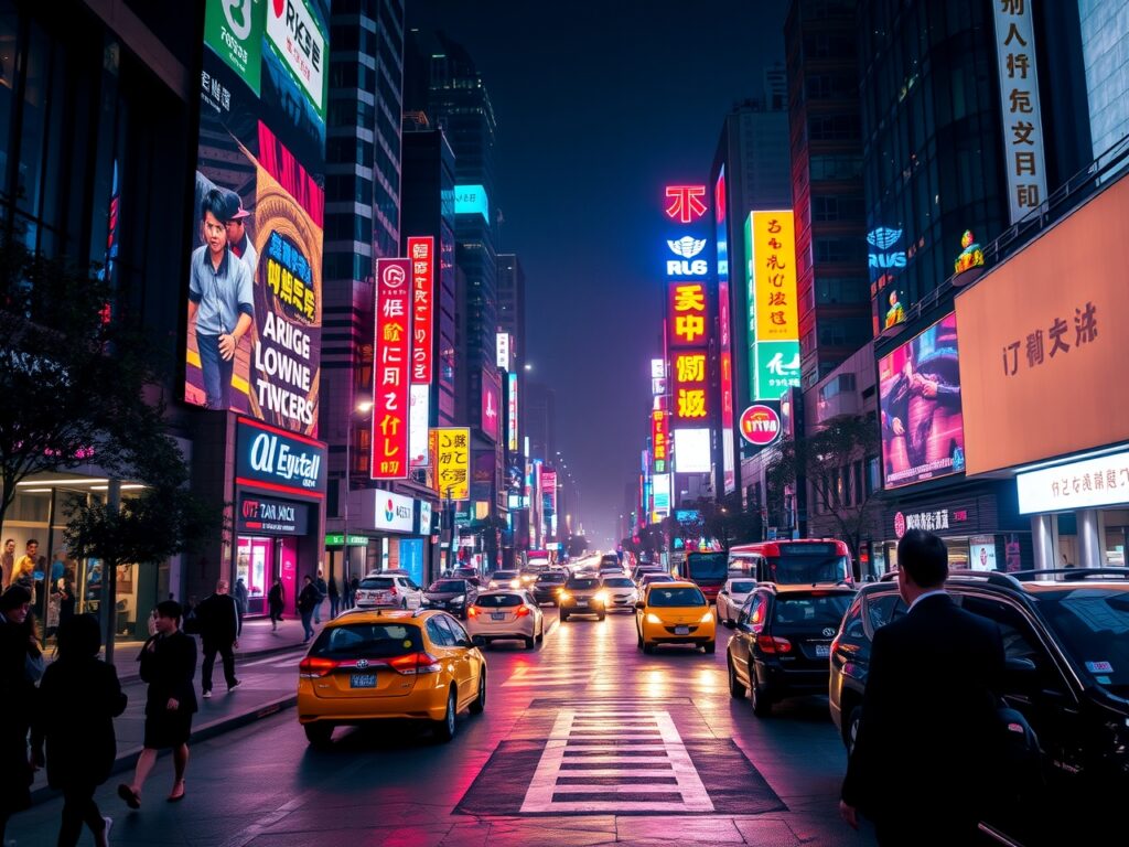 Vibrant Cityscape with Neon Lights at Night – free AI stock image